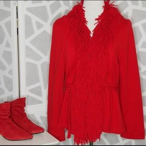 RUBY Rd Red Coat Fringed Belted Size Large